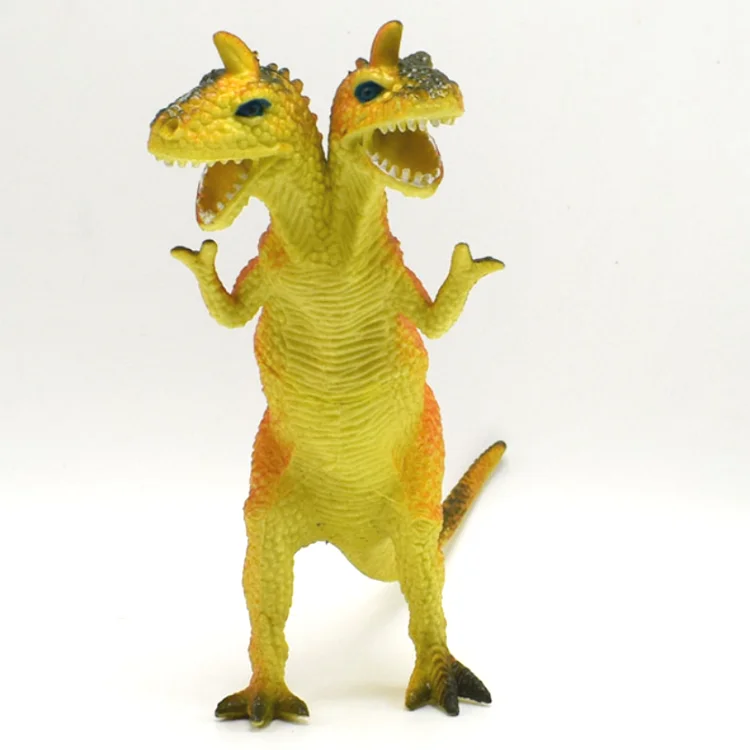 定制绿色和黄色乙烯恐龙 pvc 动物玩具,oem 双头怪物 pvc 恐龙