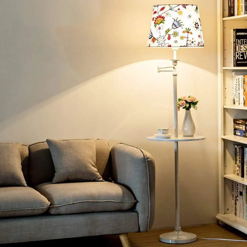 American Simple and Modern Style Creative Floor Lamp With an Integrated Coffee Table, Living Room Sofa Study Office Table Lamp Bedroom Bedside Floor Lamp, Fabric Lampshade, Iron Floor Lamp, E27