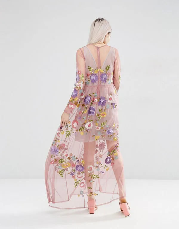 embroidered mesh maxi dress