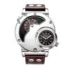 Oulm HP9591 New Silver Case Men's Sport Watches Dual Time Zone Unique Design Male Quartz Hour Casual Leather Men Wristwatches