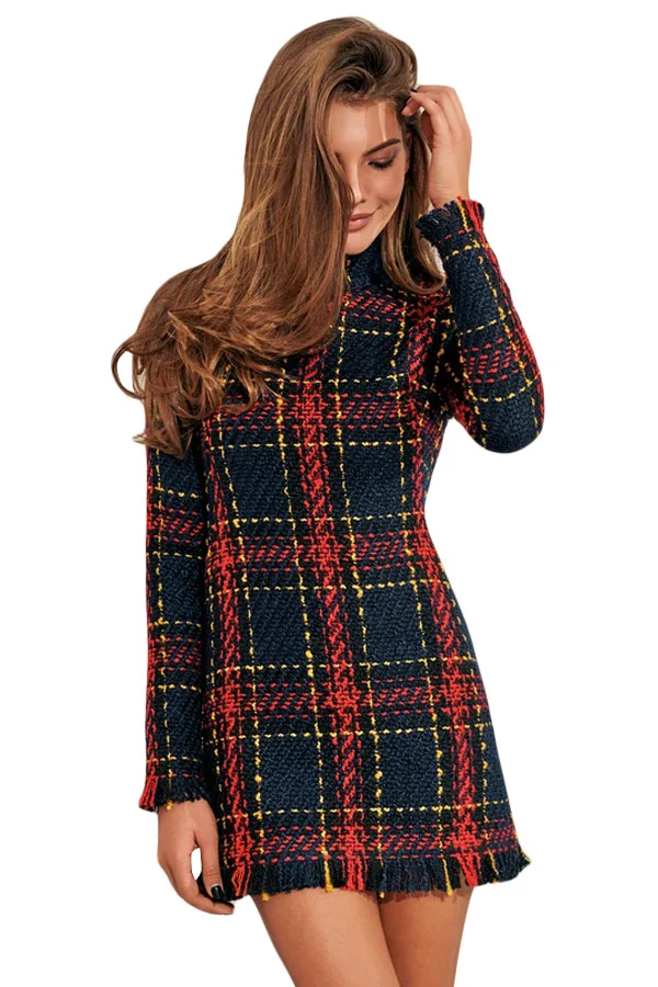 long sleeve plaid tweed dress