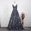 V Neck Ball Gown Sleeveless Long Dark Grey Shinny Glitter Embroidery Women's Evening Dresses 2019 Ladies' Evening Gowns