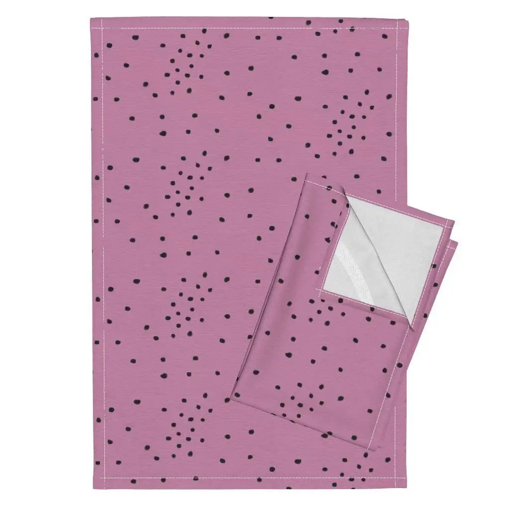 Watercolour Dots Small Dots Confetti Dots Tiny Dots Black Dots Purple Dots Pink Dots Tea Towels Watercolour Dots - Black On by Sunny Afternoon Set of 2 Linen Cotton Tea Towels