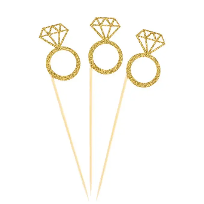 50 Pack Cupcake Toppers Gold Glitter Mini Diamond Ring Cakes Toppers for Marriage Engagement Anniversary Birthday