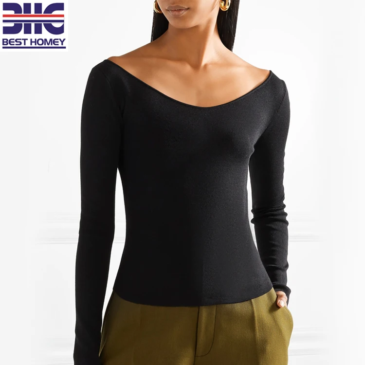 Women's Black Elegant Silk Wool Knitted Pullover Cropped O Neck Sweater