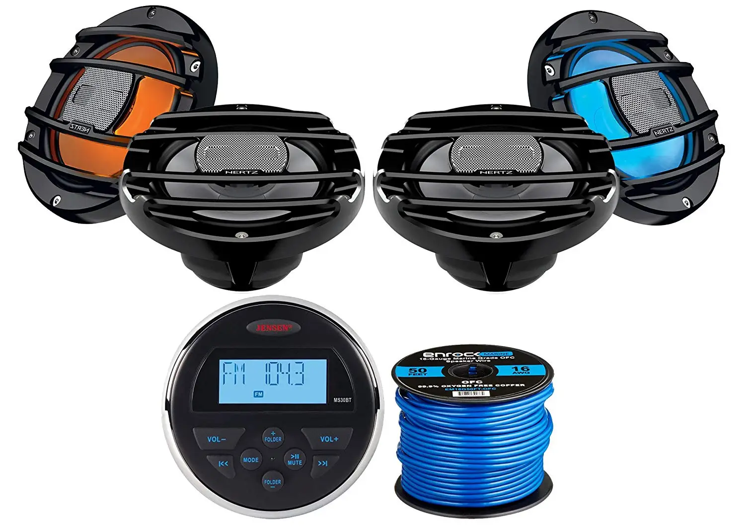 Jensen MS30BTR Mechless Compact Waterproof Stereo w/Bluetooth & USB Inputs, 4 x Hertz Audio 6.5" Marine Coaxial Speakers w/RGB Lighting (Black), Enrock Marine-Grade 50Ft 16-Gauge Speaker Wire