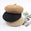 high quality Handmade spring and summer new straw knitting fresh solid color beret travel art fan painter hat