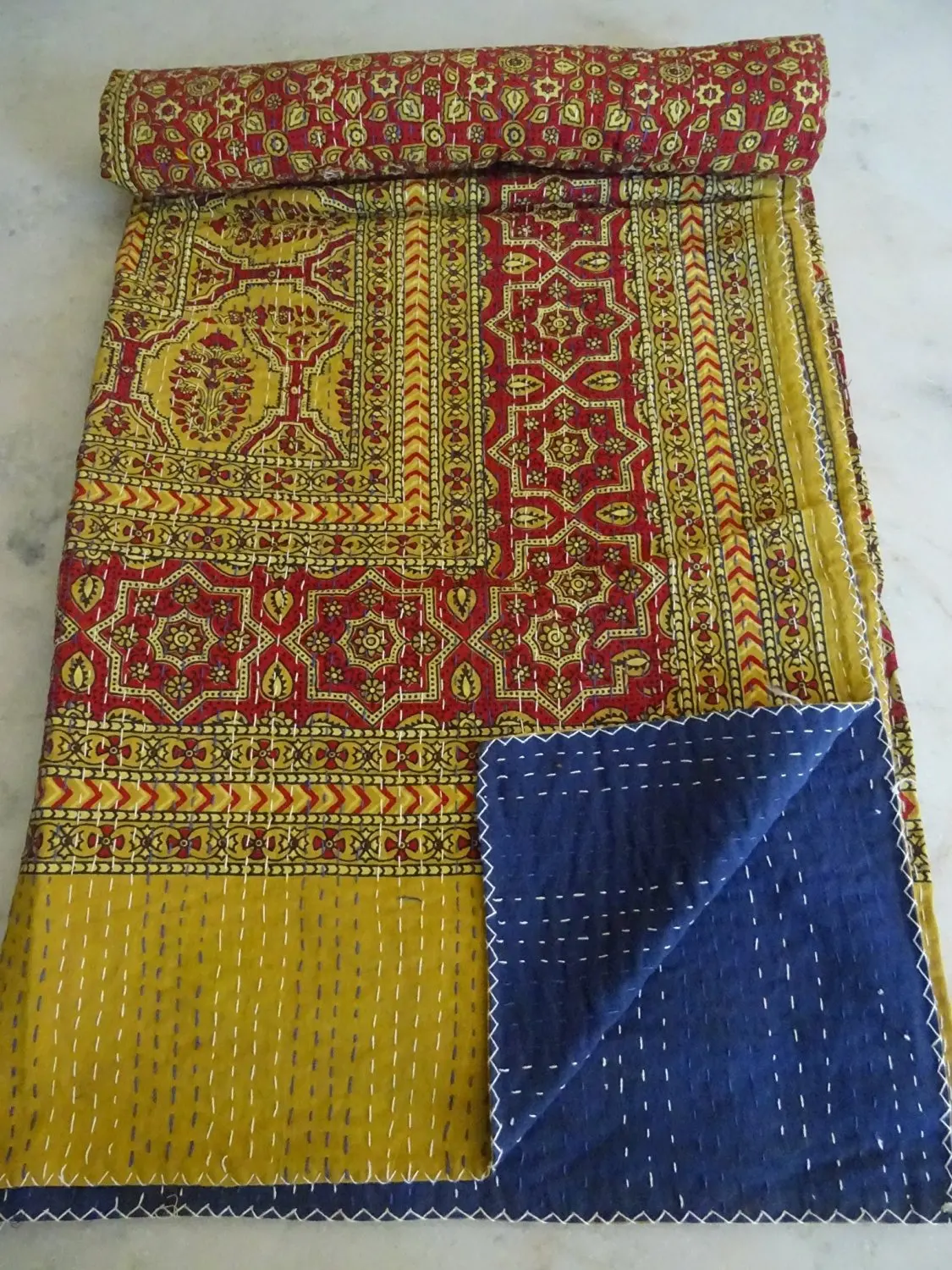 Tribal Asian Textiles Indian Throw Bedding, Applique Kantha Quilt, Cotton Indian Sari Quilted, Reversible Bedcover, Hand Stitches Ajrakh Block Print Quilt, Indian Throw Boho Bedding Gudri Ralli