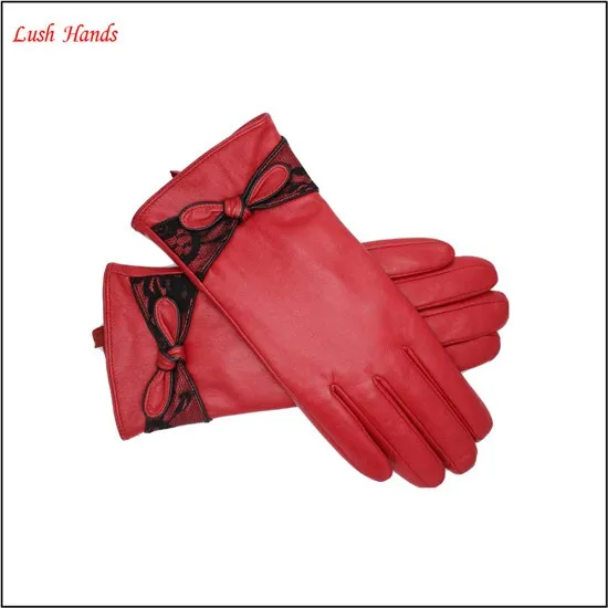 ladies red winter thin leather hand gloves winter with knot