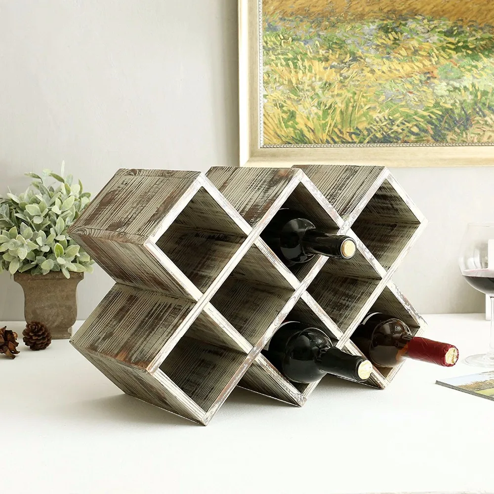 Rustic Torched Wood Wine Rack,Geometric Design 8bottle Storage