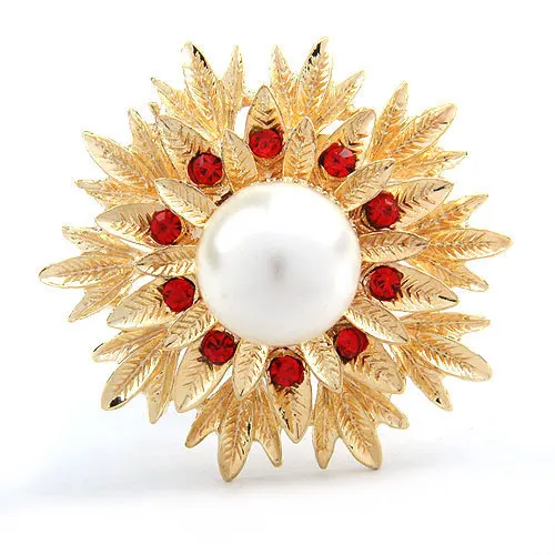 Modogirl Handmade Brooches Pins Beautiful Red Stone Brooch Pin Crystal Flower Simulated Pearl Corsage