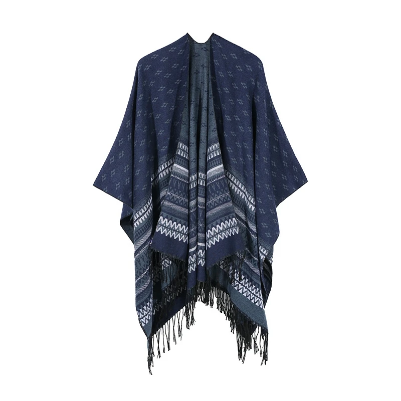 Vintage Ethnic Fringed Knit Cloak Geometric Poncho Bat-sleeve Tassels ...