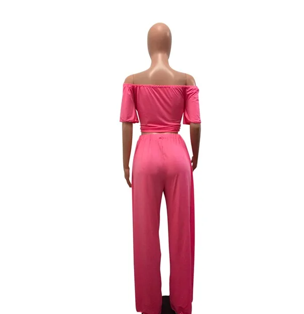 2019 Summer Women Off Shoulder Crop Top Wide Leg Pants Fashion Romper Jumpsuit Two Piece Set