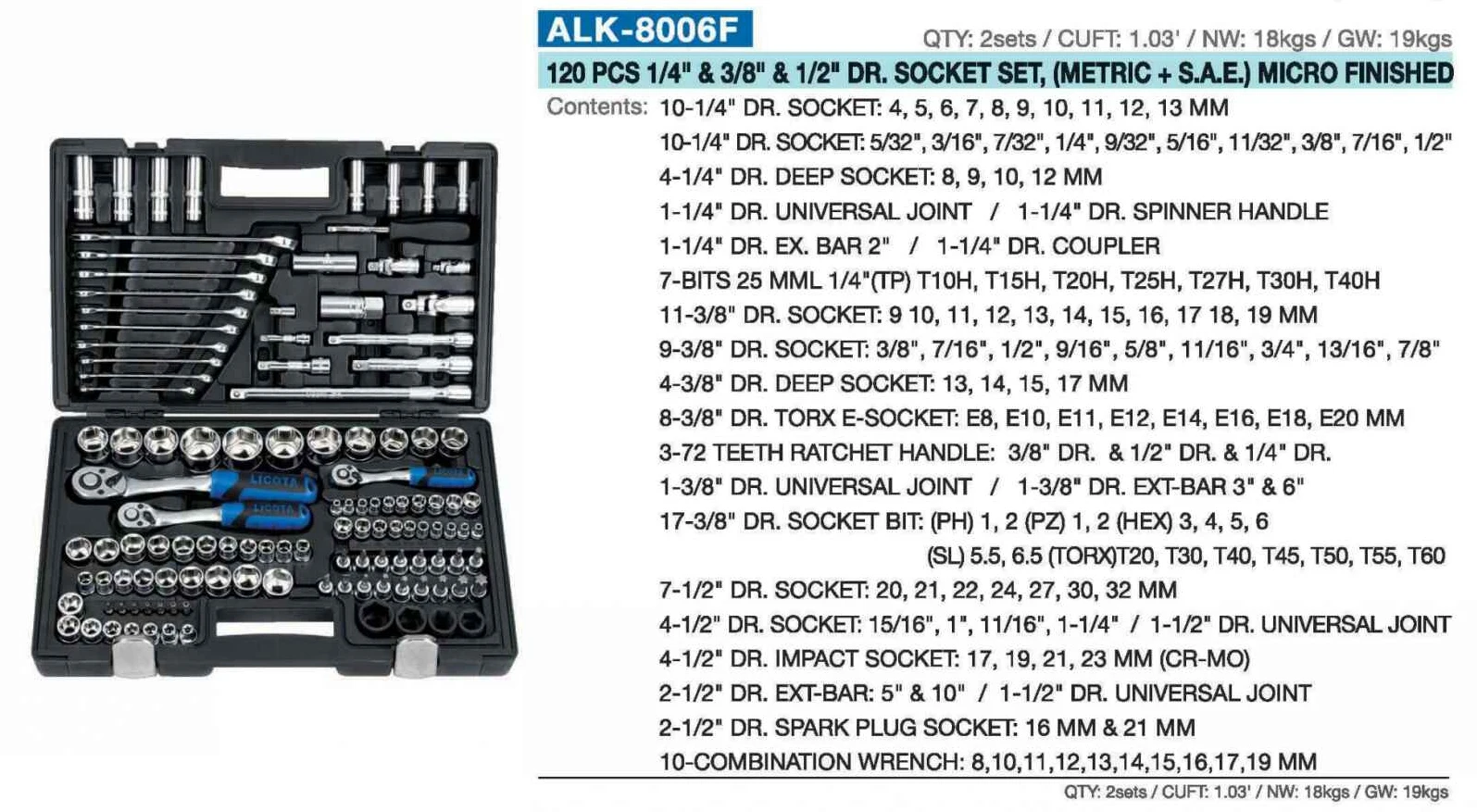 Alk-8006fp Repair Tool Set Licota 120 Pcs 1/4 " & 3/8 "&1/2 "dr. Socket ...