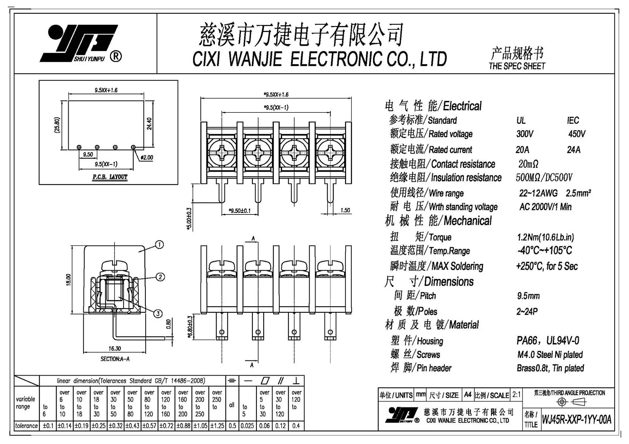 Pitch 9.5mm Barrier Terminal Block Cixi Wanjie Wj45h Buy Barrier