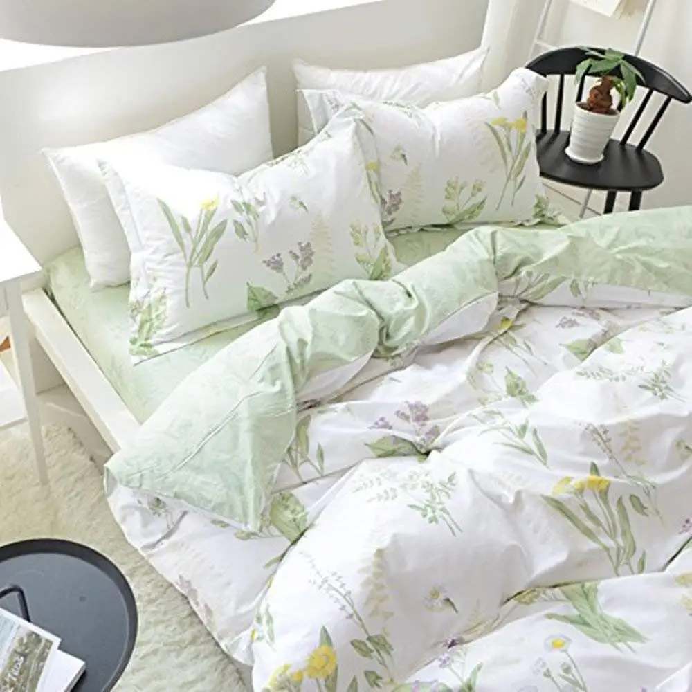 FADFAY Shabby Green Floral Duvet Cover Set Cotton Twin Extra Long Girls Bedding Set 4-Piece:1fitted Sheet+1duvet Cover+2pillowcases,Twin XL Size for Dorm Bedding