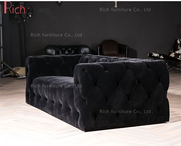 Home Living Room Button Design Sofa Black 2 Seater Fabric Couch Without