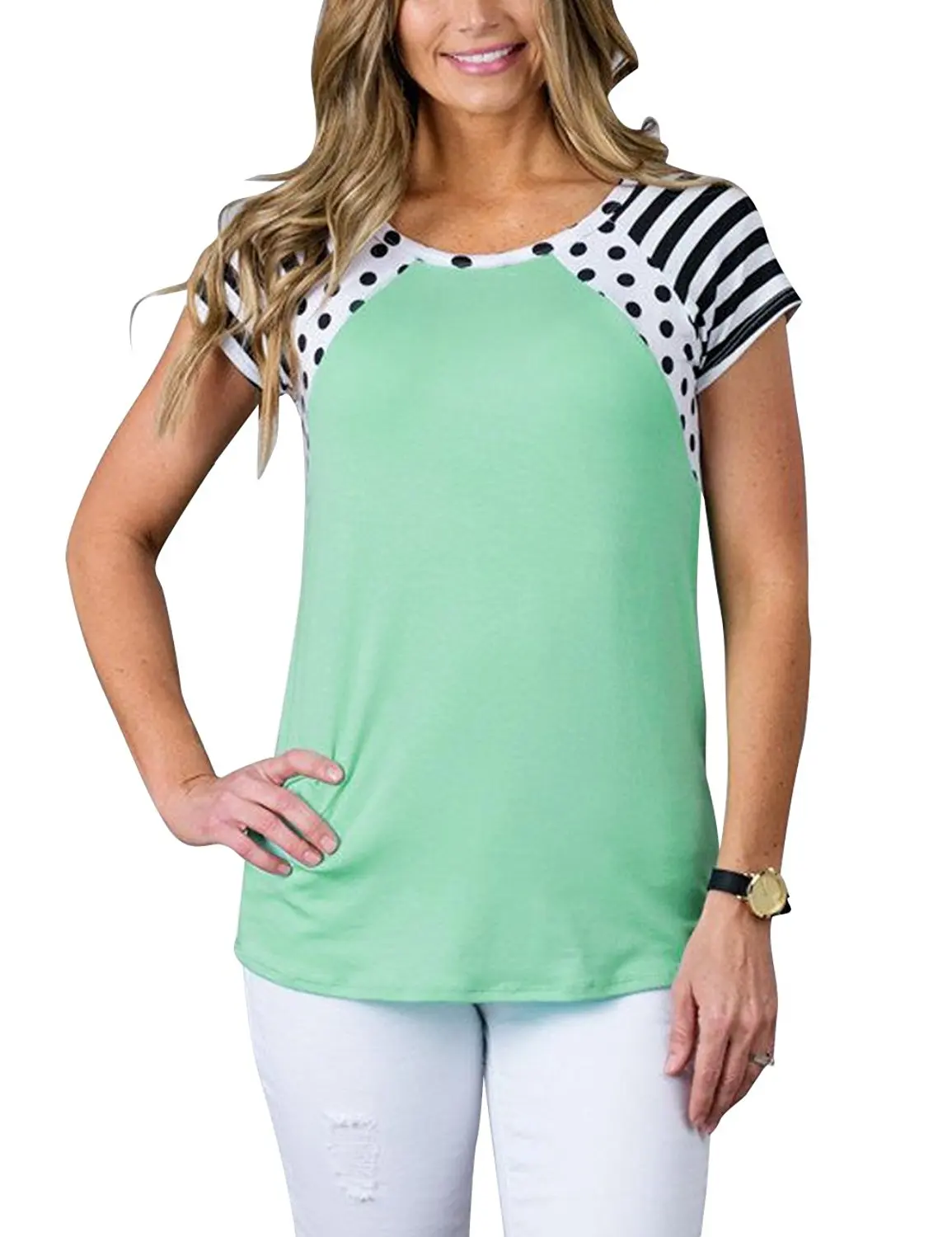 MEROKEETY Women's Polka Dots Shirt Striped 3/4 Sleeve Casual Scoop Neck Tops Tee