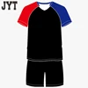 Good quality custom USA team wear all black uniform set with red and blue arm sleeves soccer jerseys