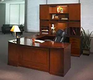 Mayline U Shaped Bow Front Desk W/Hutch Overall Footprint: 72" X 111" X 72" Bow Front Desk: 72"W X 39"D X 29 1/2"H Bridge: 48" X 20", Credenza: 72"W X 24" - Bourbon Cherry - Bridge on Right (Shown)