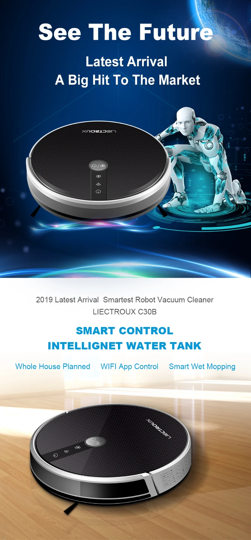 LIECTROUX C30B/E30 Robot Vacuum Cleaner with Map Navigation Strong Suction Electric Water Tank Thin and Light Design Silkscreen