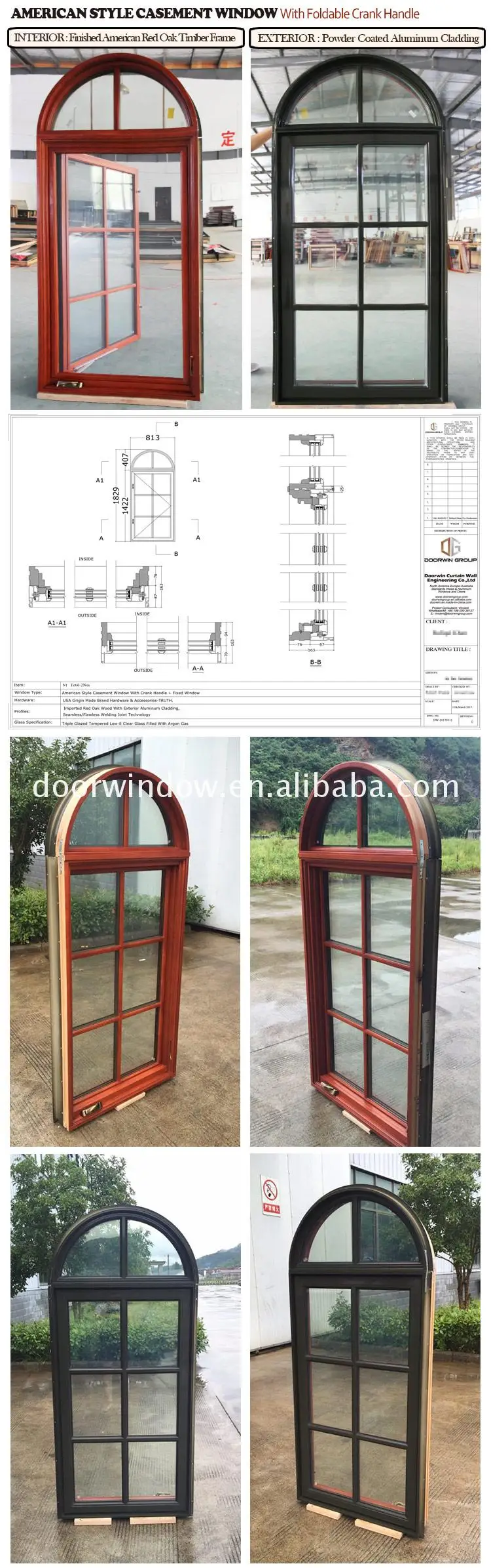 Top arch window timber windows soundproof picture aluminum round open