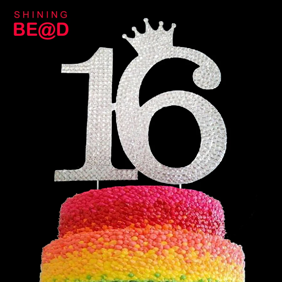 أنيق رقم 16 تاج كعكة توبر جديد أنيق واضح حجر الراين الزفاف الديكور للطفل عيد ميلاد الحزب Buy رقم 16 مع تاج حجر الراين كعكة توبر ميلاد سعيد كعكة