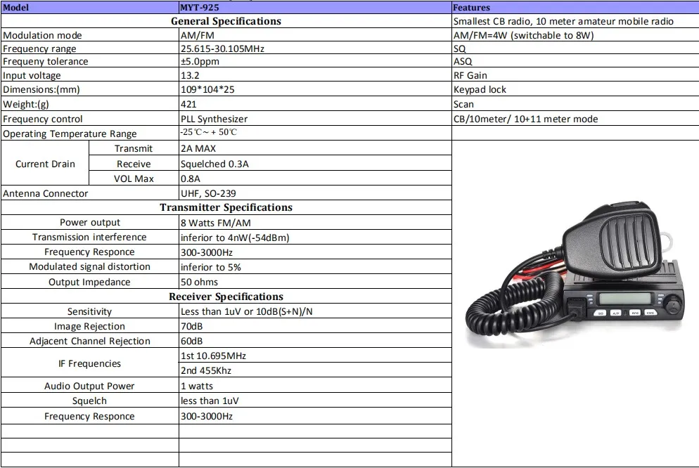 Myt925 10meter Small Cb Radio 10km Long Range Fm Transmitter Mobile