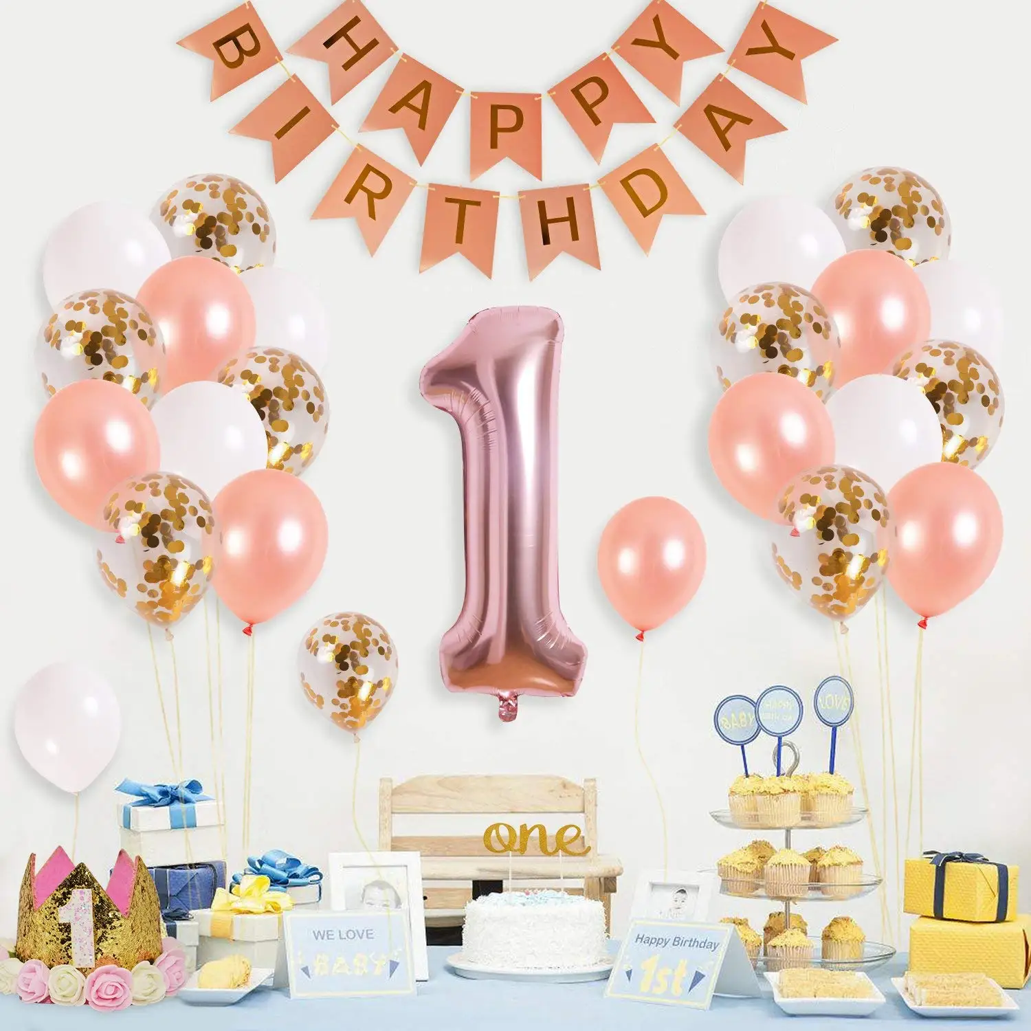First Birthday Decorations For Girl 1st Baby Number Rose Gold Foil