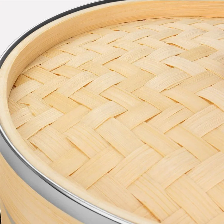 Bamboo Steamer Basket Set (10 Inch) With Stainless Steel Banding 50x
