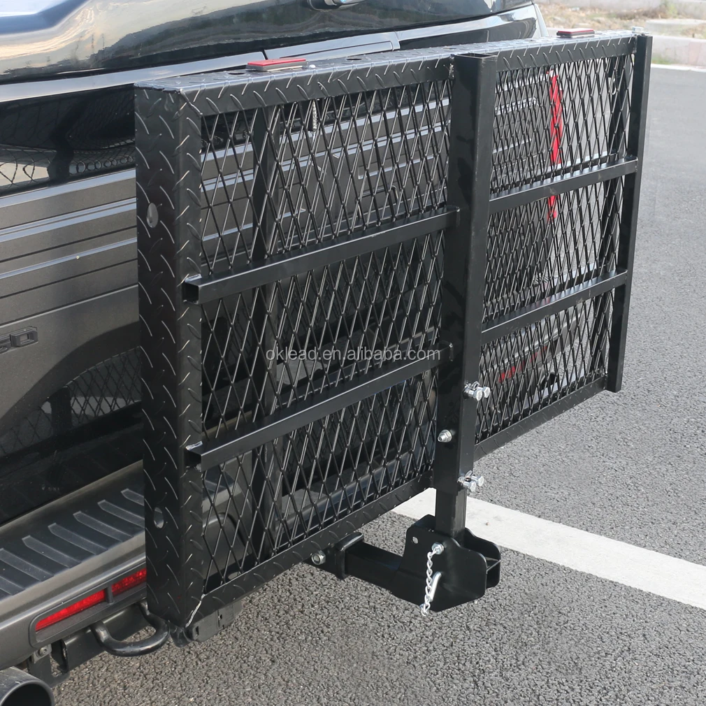 Hitch Mounted Steel Cargo Carrier With Ramp Folding Cargo Rack Rear Hitch Tray Luggage Basket