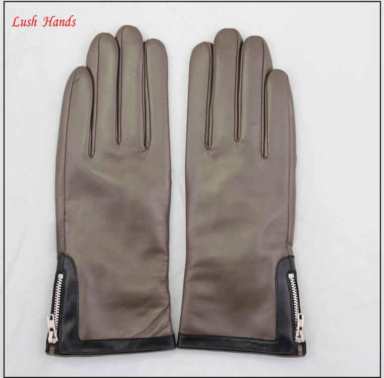 cashmere lining ladies fashion colorful leather glove with zipper