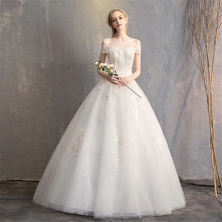 2019 Fashion Styles off shoulder Women Wedding dress Floor Length Vintage Applique Women Bridal Gown
