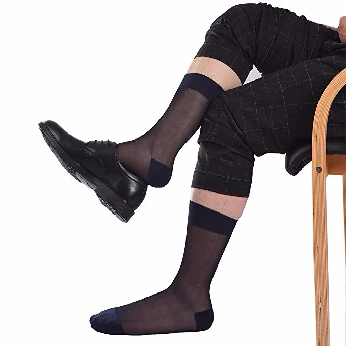 Thin Mens Black Striped Sheer Patterned Nylon Mid Calf Business Socks ...