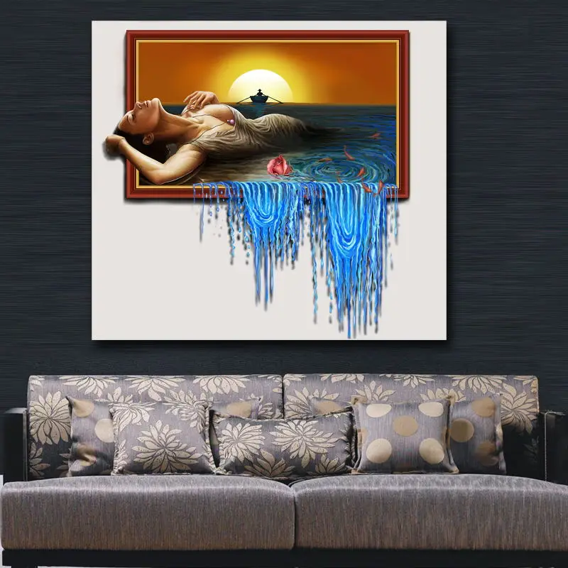 Sexy Woman And Blue Sea Painting 3d Oil Painting Character