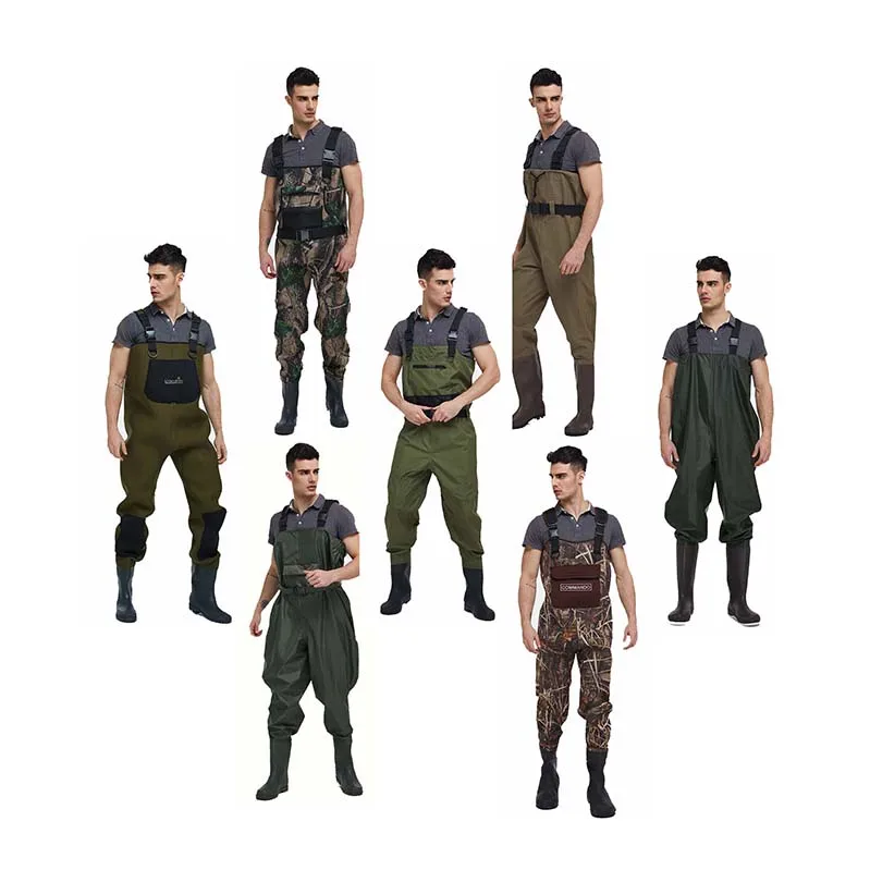 
wholesale manufacturers men camo 70d nylon fly fishing waterproof pvc rubber waist high chest hunting fishing boots waders 