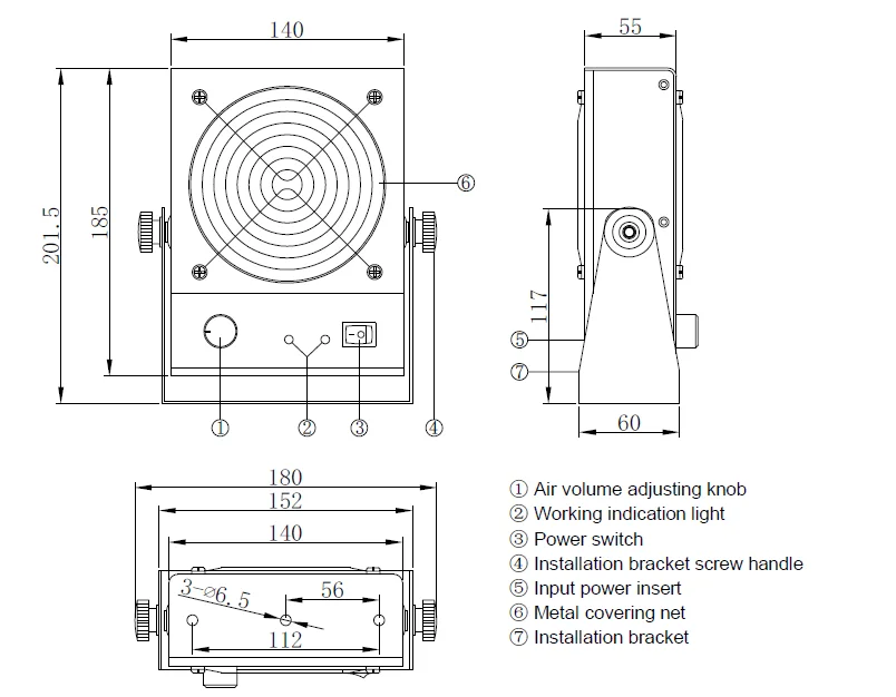 DC2451-001 Dust Removal Electrostatic Anti Static Eliminate ESD Air Ionizer Fan 