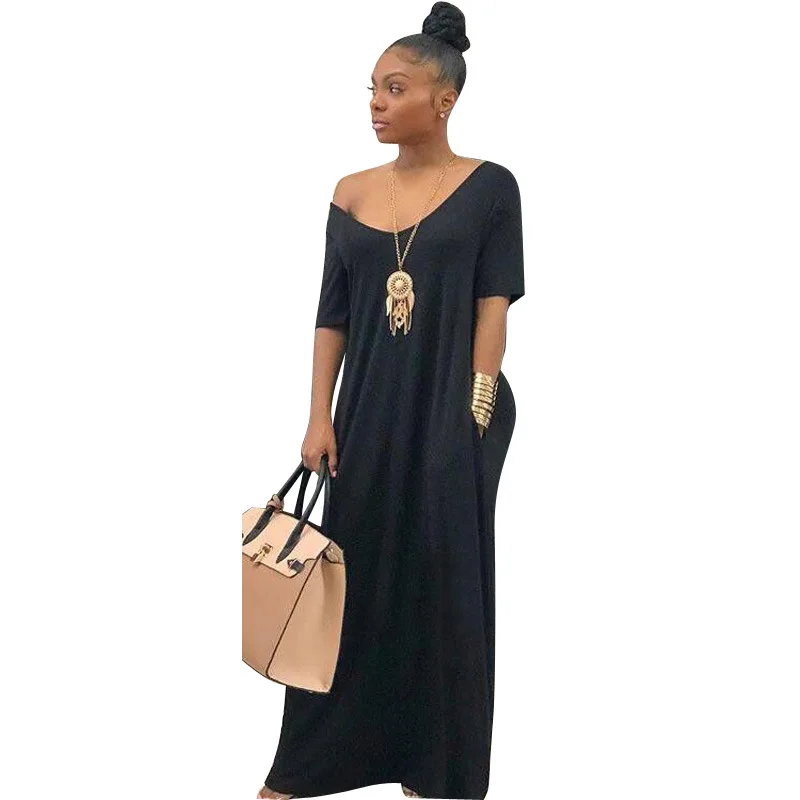 V Neck Solid Colour Short Sleeve Loose Long floor Casual Dress With pocket 2019 New Fashion Women Dress