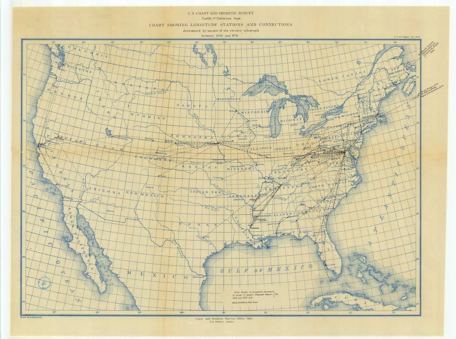 Vintography 24 x 36 Giclee Print Nautical Map or Image of Chart Showing Longitude Stations and Connections Determined by Means of The Electric Telegraph Between 1846 and 1878 1880 NOAA 80a