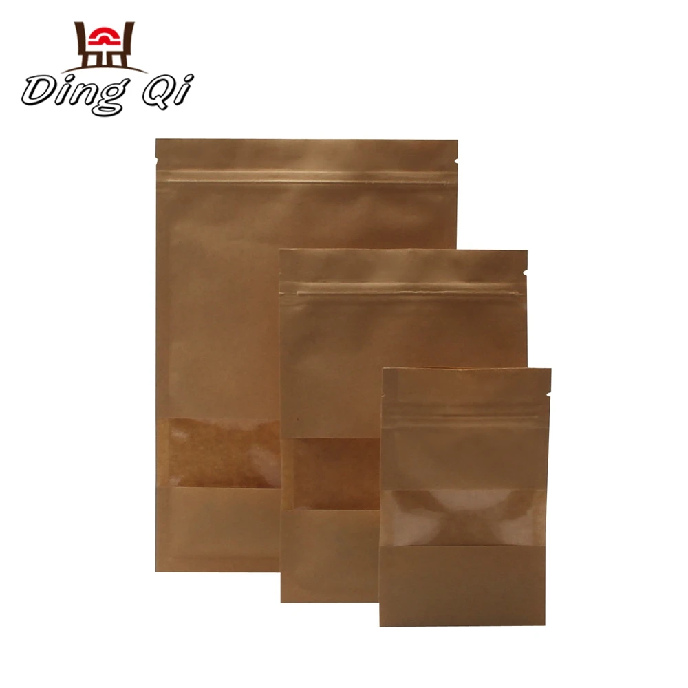 Stock three side seal kraft paper pouch with window and zipper