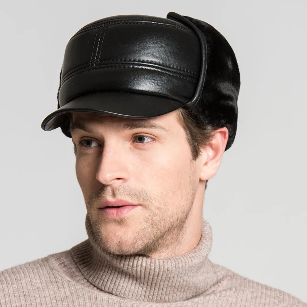 Men Real Sheepskin Bomber Hats Spring Autumn Winter Earflap Genuine