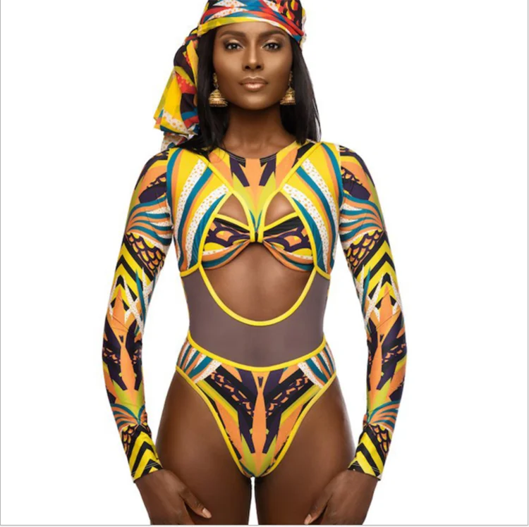 african print long sleeve swimsuit