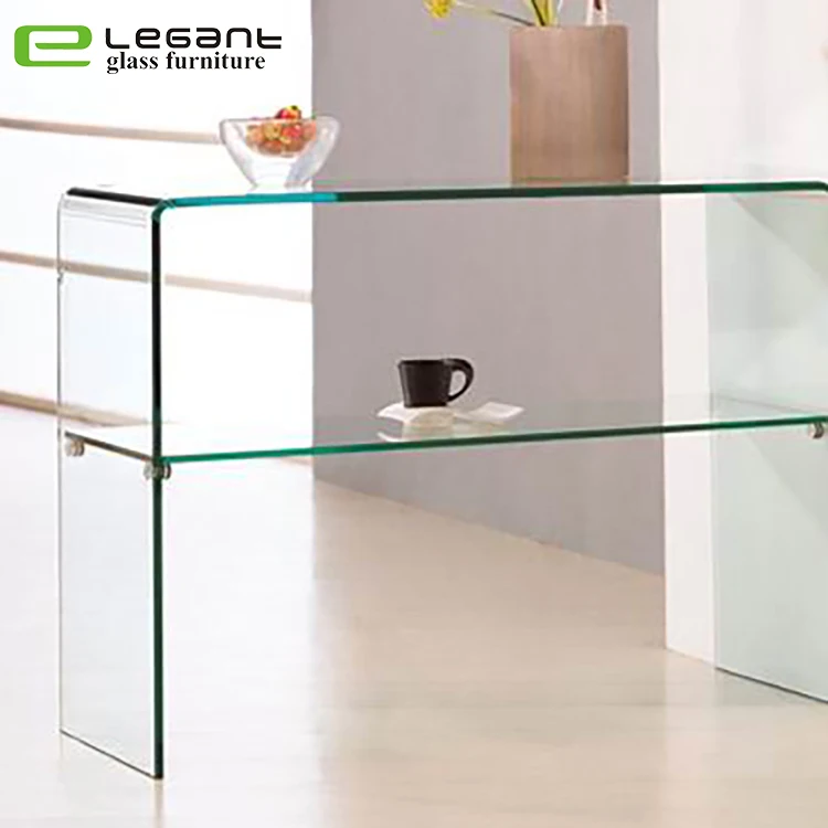 Luxury clear curved glass console table with shelf