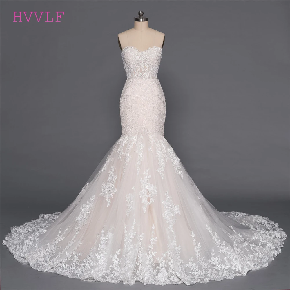 Champagne Mermaid Sweetheart Appliques Lace Wedding Dress | Uniqistic.com