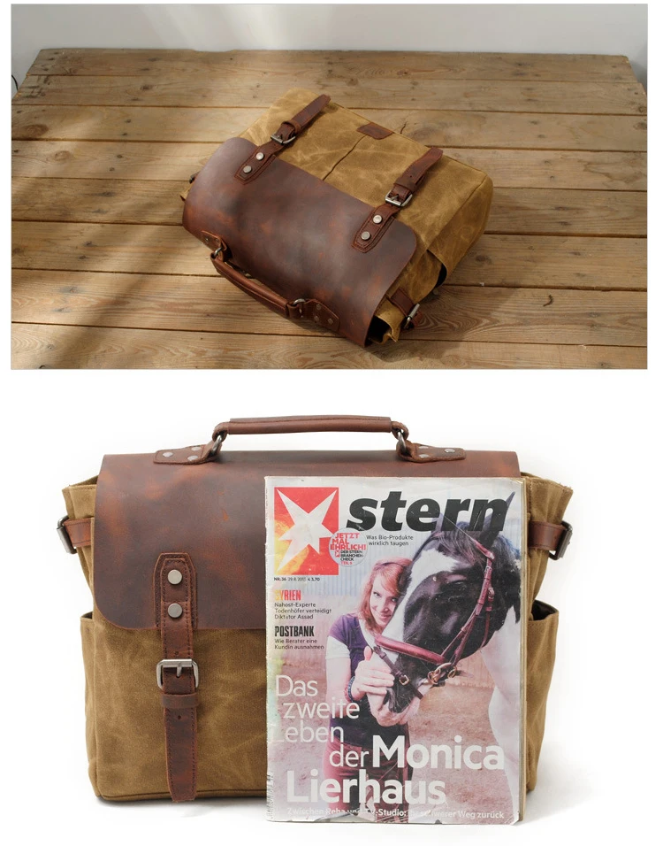 2018 Brand vintage waterproof waxed canvas business leather laptop briefcase satchel shoulder messenger bag