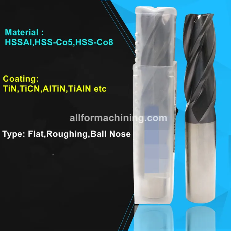 Hss End Mills 2 Flute 3 Flute 4 Flute Hssco Tin Coated Ticn Coated 1mm