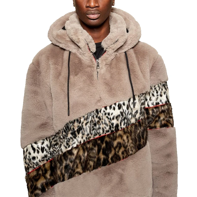Oem Men Long Sleeve Color Block Leopard Sherpa Pullover Faux Fur Hoodie ...
