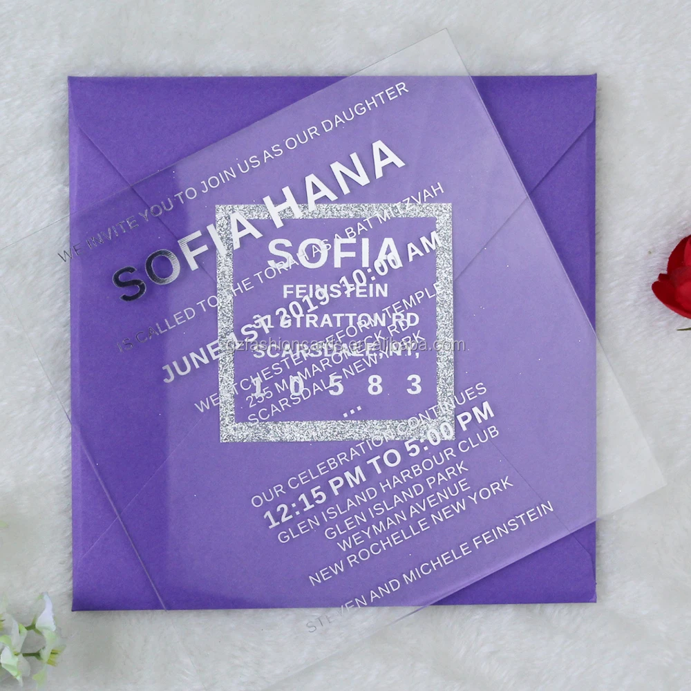 Luxe Carre Creatif Acrylique Enfants Invitations D Anniversaire Avec Des Paillettes D Argent Doublure Enveloppe En Couleur Pourpre Buy Carte D Invitation De Mariage Carte D Invitation De Mariage Acrylique Carte D Invitation De Mariage Creative Product On