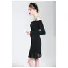 Elegant design 2018 autumn woman popular black long sleeve knee length party dress ladies Italian style knitted dresses