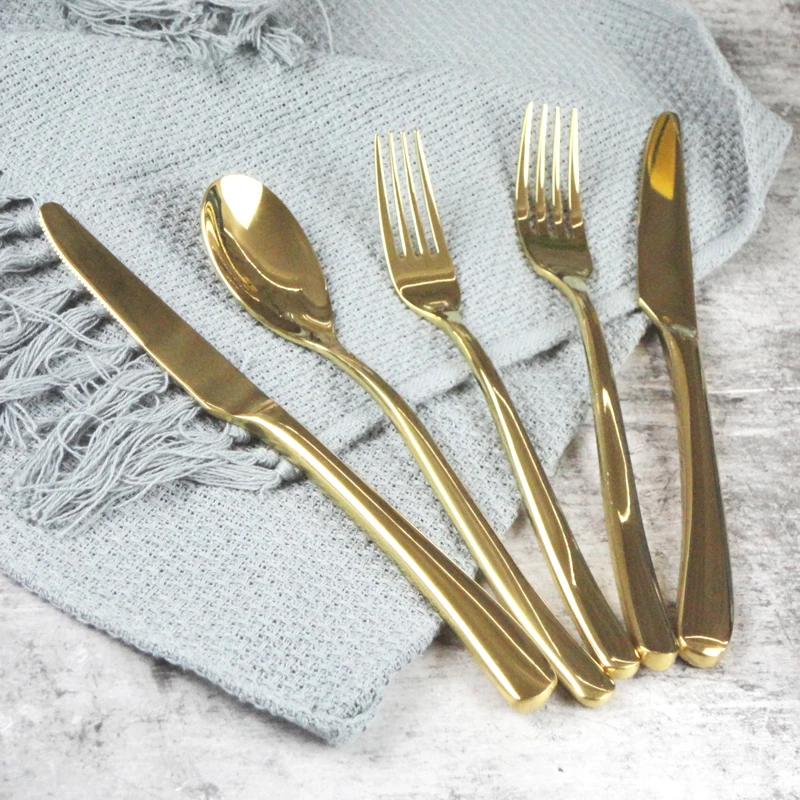 Contemporary And Modern Wave Cutlery Golden Utensils 5 Piece Service